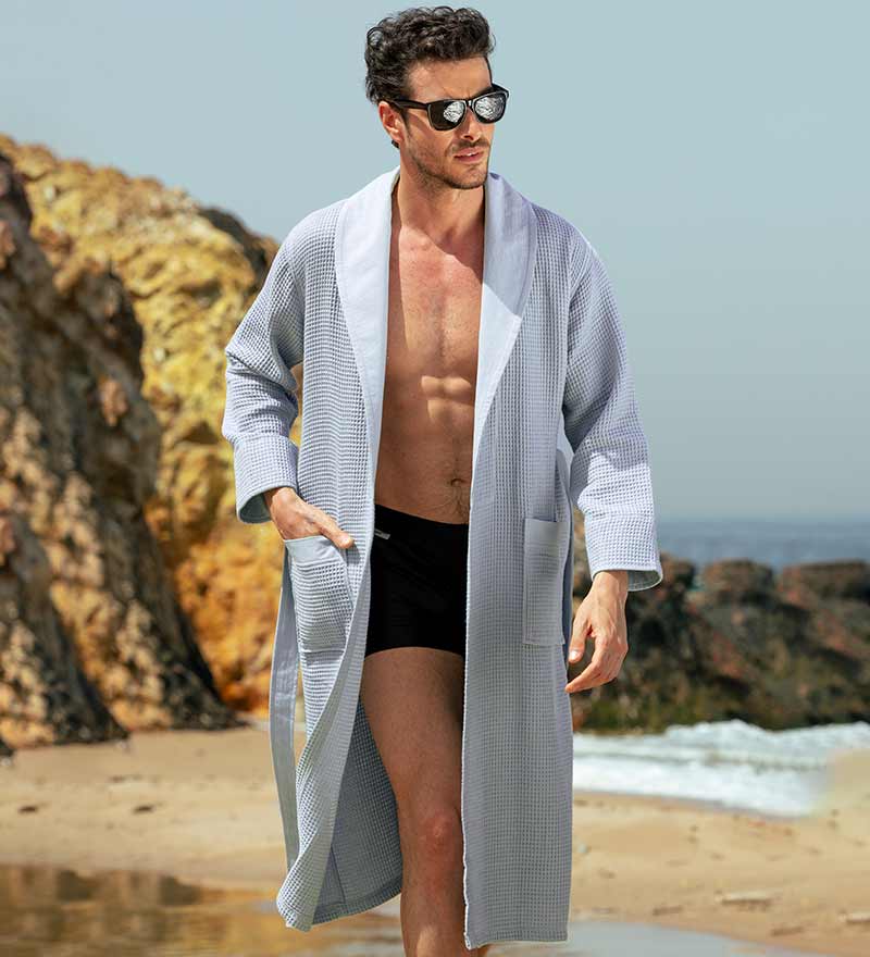 Men's Full Length Lightweight Waffle Spa Robe with Shawl Collar-25