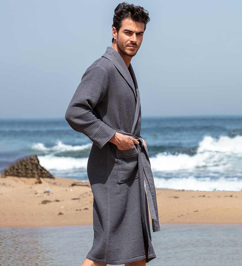 Men's Full Length Lightweight Waffle Spa Robe with Shawl Collar-17