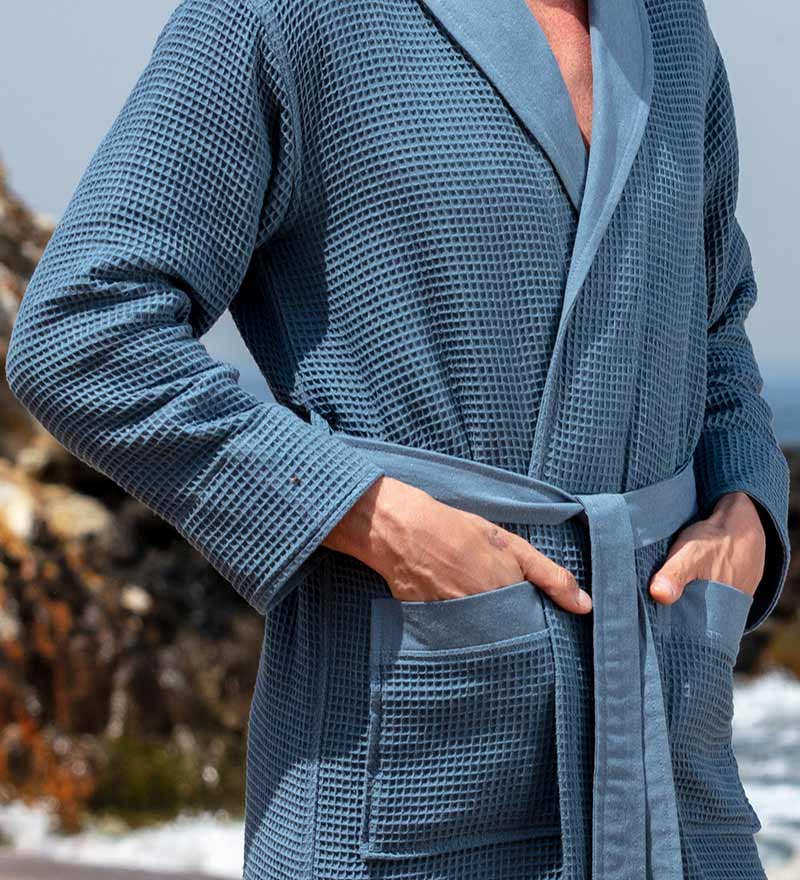 Men's Full Length Lightweight Waffle Spa Robe with Shawl Collar-6