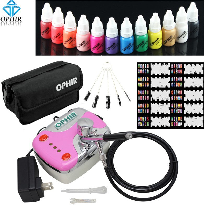 0.3mm Nail Airbrush Kit with Air Compressor 12 Nail Inks 20x Nail Art Stencils & Bag & Cleaning Brush Nail Tools_OP-NA001P-3