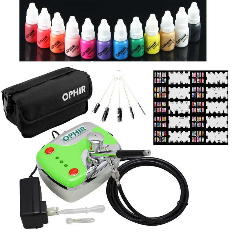 0.3mm Nail Airbrush Kit with Air Compressor 12 Nail Inks 20x Nail Art Stencils & Bag & Cleaning Brush Nail Tools_OP-NA001P-2