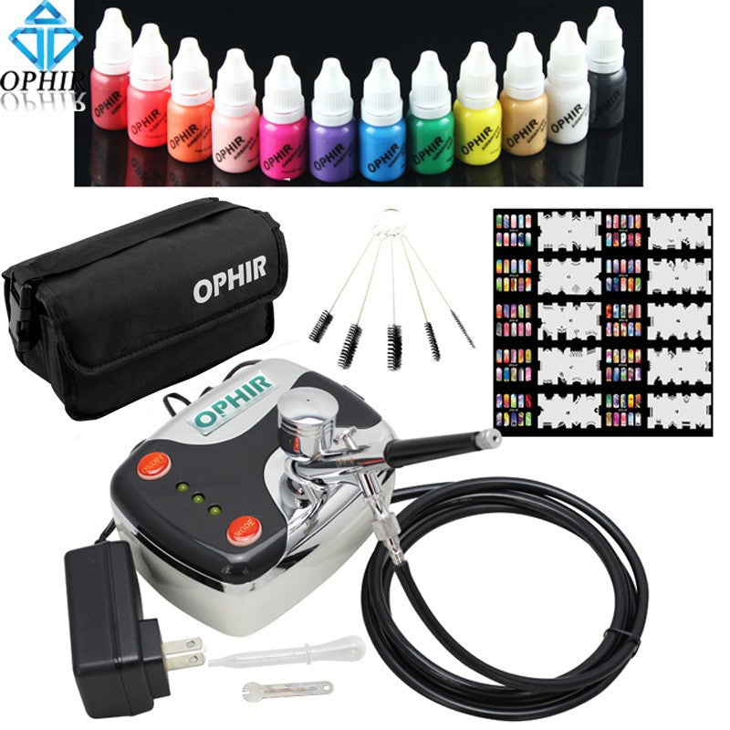 0.3mm Nail Airbrush Kit with Air Compressor 12 Nail Inks 20x Nail Art Stencils & Bag & Cleaning Brush Nail Tools_OP-NA001P-26