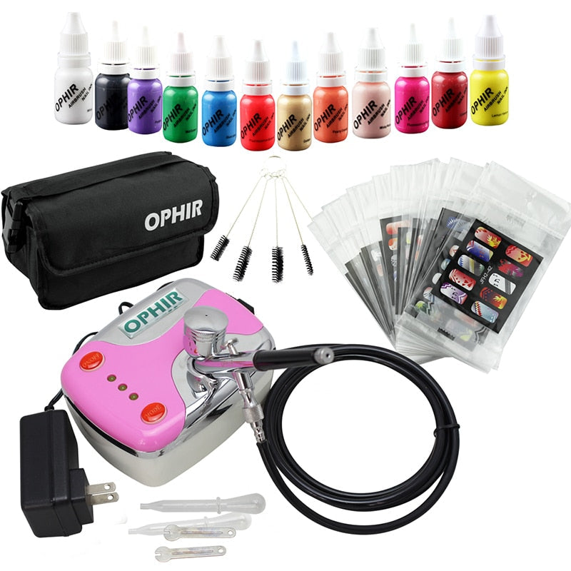 0.3mm Nail Airbrush Kit with Air Compressor 12 Nail Inks 20x Nail Art Stencils & Bag & Cleaning Brush Nail Tools_OP-NA001P-0