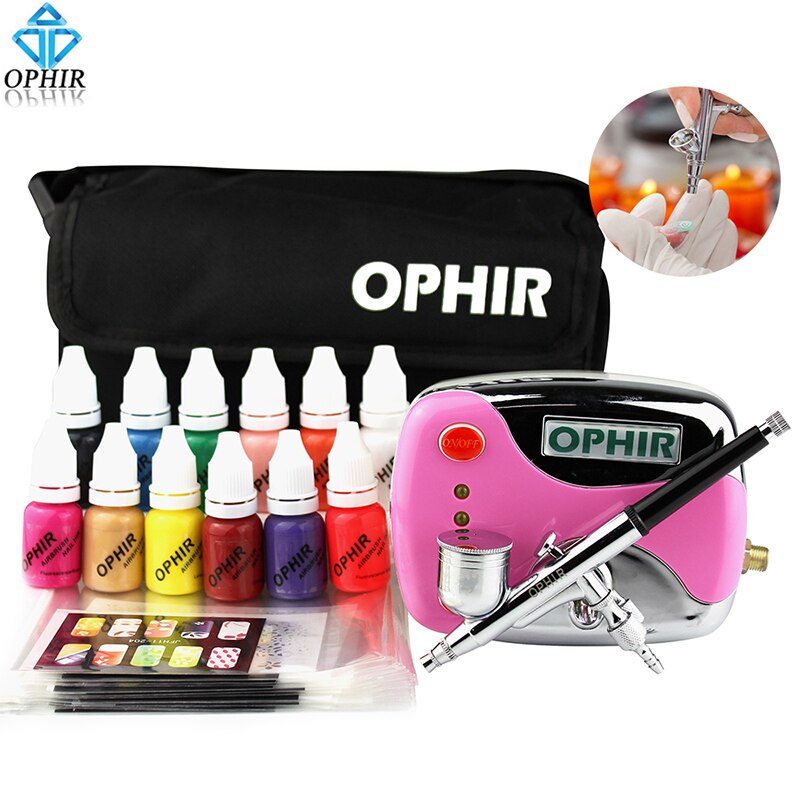 0.3mm Nail Airbrush Kit with Air Compressor 12 Nail Inks 20x Nail Art Stencils & Bag & Cleaning Brush Nail Tools_OP-NA001P-12