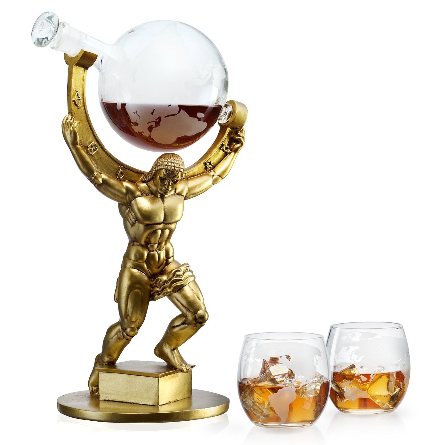 Atlas Bronze World Globe Whiskey Decanter Set - 15" Tall - With 2 World Glasses - For Whiskey, Scotch, Bourbon, Cognac and Brandy - 1000ml - By The Wine Savant - Atlas Decanter Whiskey-5