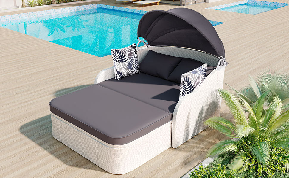 GO 79.9" Outdoor Sunbed with Adjustable Canopy, Double lounge, PE Rattan Daybed, White Wicker, Gray Cushion-2