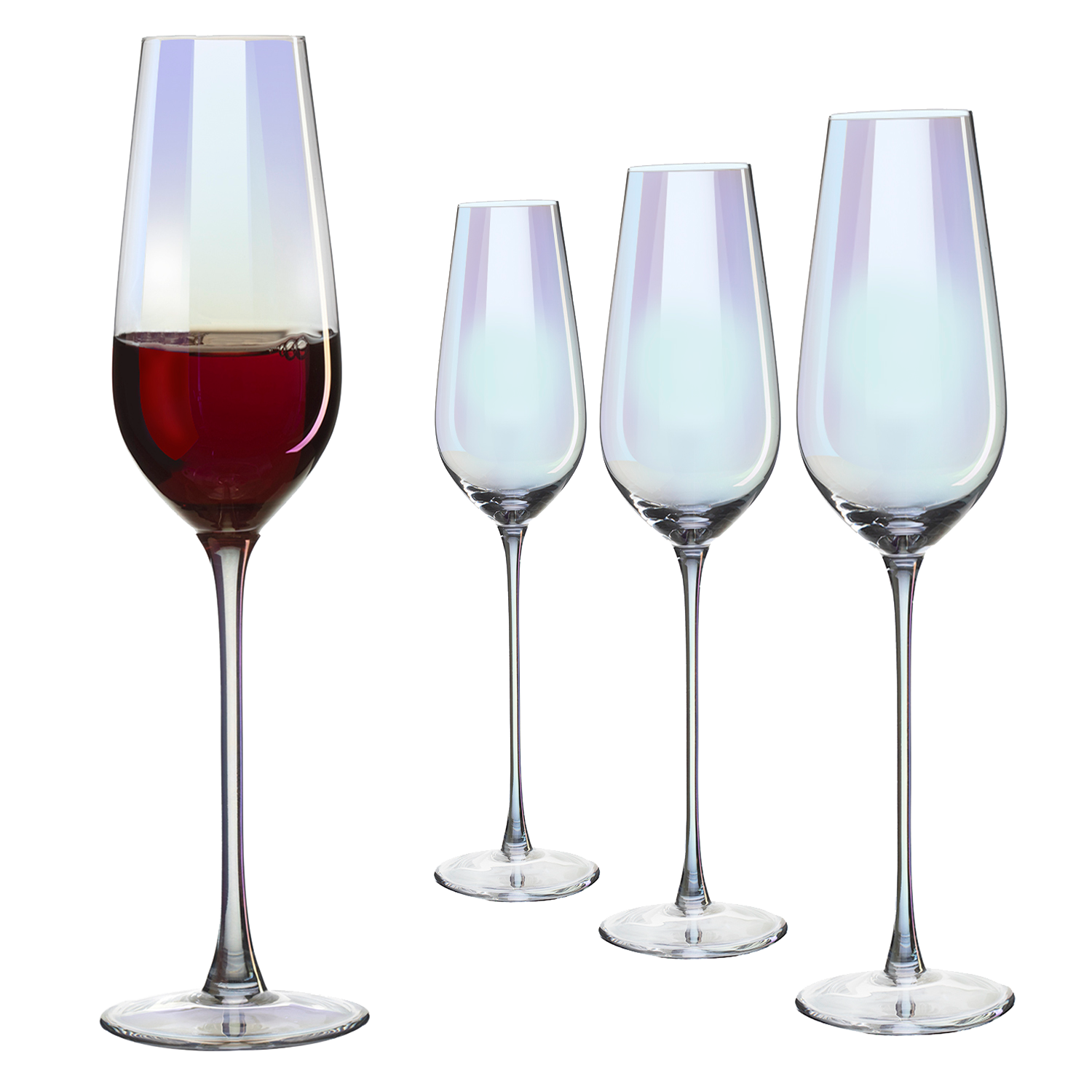 The Wine Savant Iridescent Glasses - Crystal Luster Radiance Set of 4 - Rainbow Colored Stemware Glassware, Durable Pearl Color Champagne Glasses, An Ethereal Shine (Tall Flutes)-0