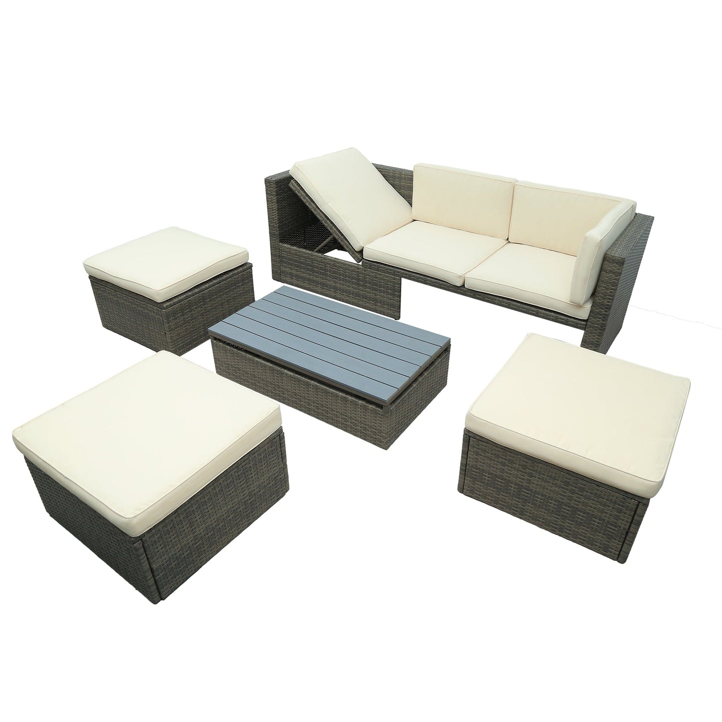 U_STYLE Patio Furniture Sets, 5-Piece Patio Wicker Sofa with Adustable Backrest, Cushions, Ottomans and Lift Top Coffee Table-11