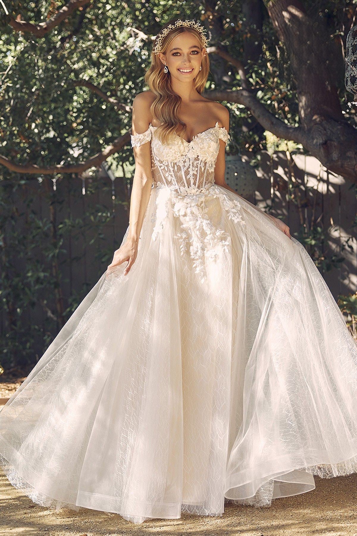 Tulle Off-Shoulder with Floral Bodice Open Back Long Wedding Dress NXC1199W-0