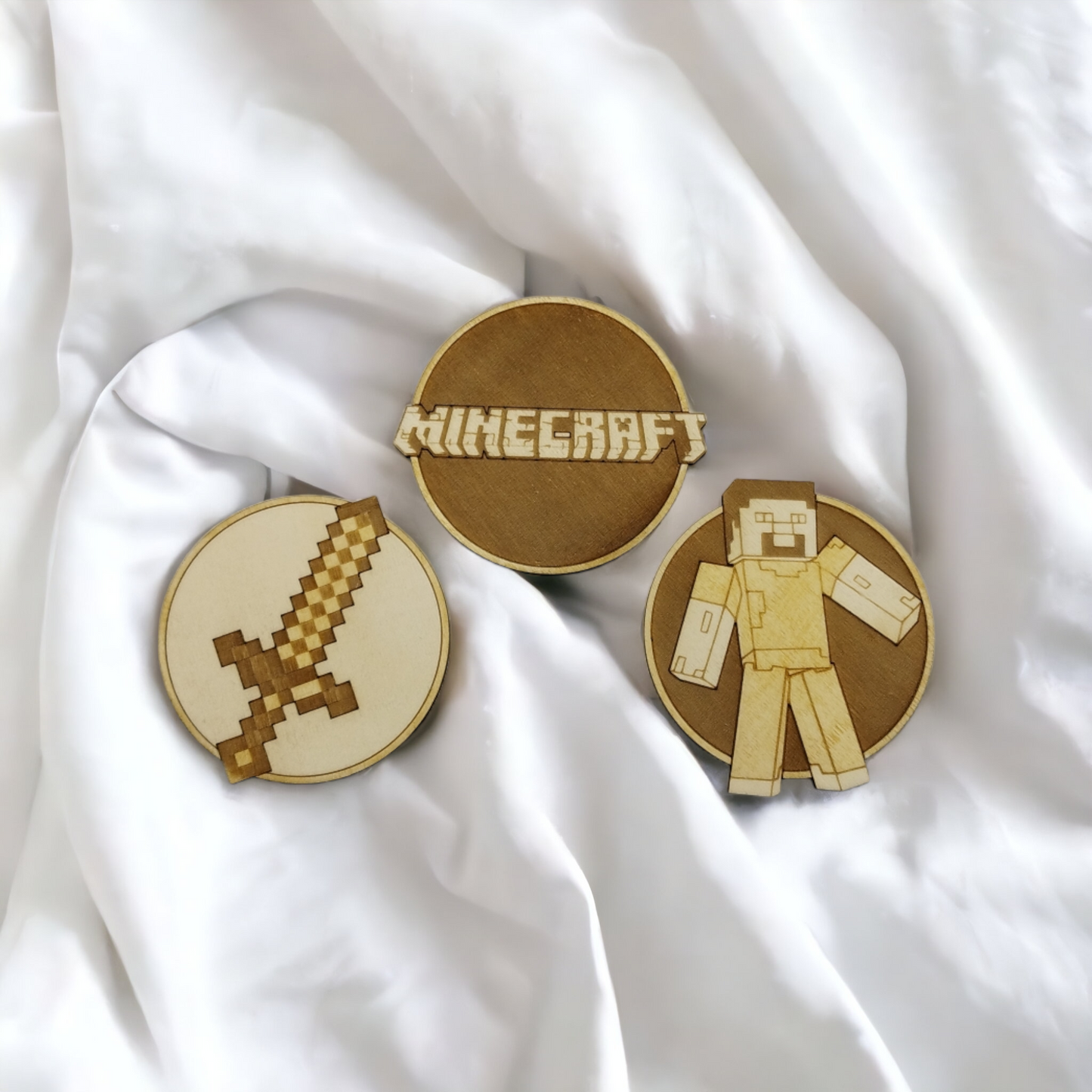 Set of 3 Minecraft Wooden Coasters - Handmade Gift - Housewarming - Wood Kitchenware - Gamer-0