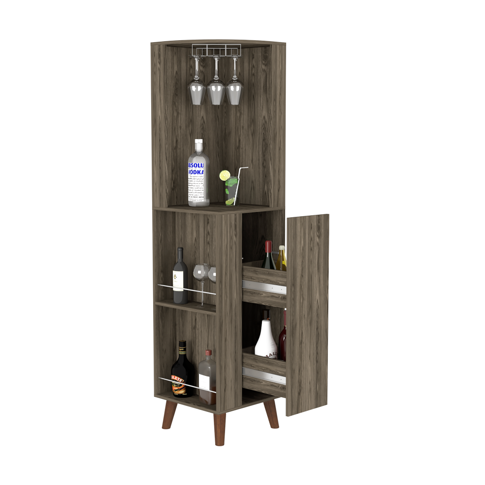 Corner Bar Cabinet Plex, Cup Rack, Two External Shelves, Dark Brown Finish-7