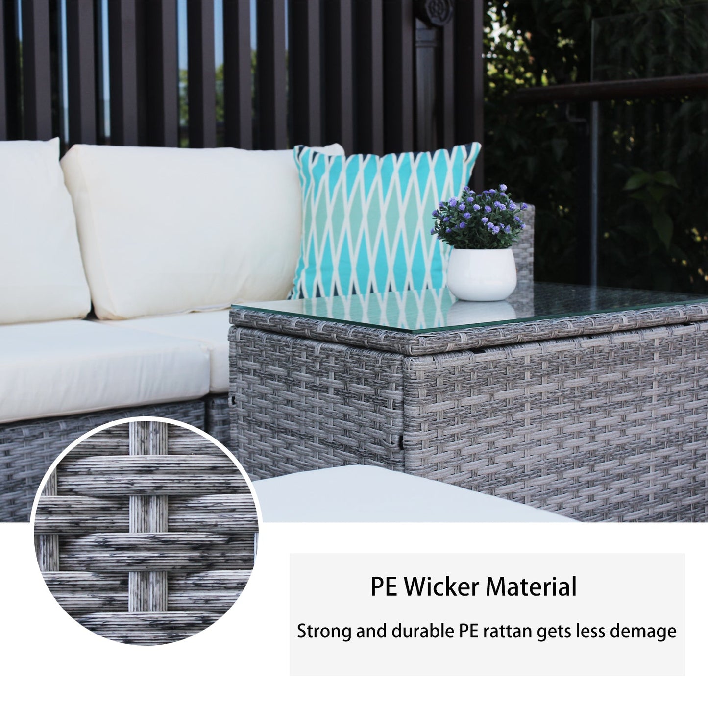 5 Pieces Outdoor Patio Wicker Sofa Set Grey Rattan and Beige Cushion with Weather Protecting Cover-3