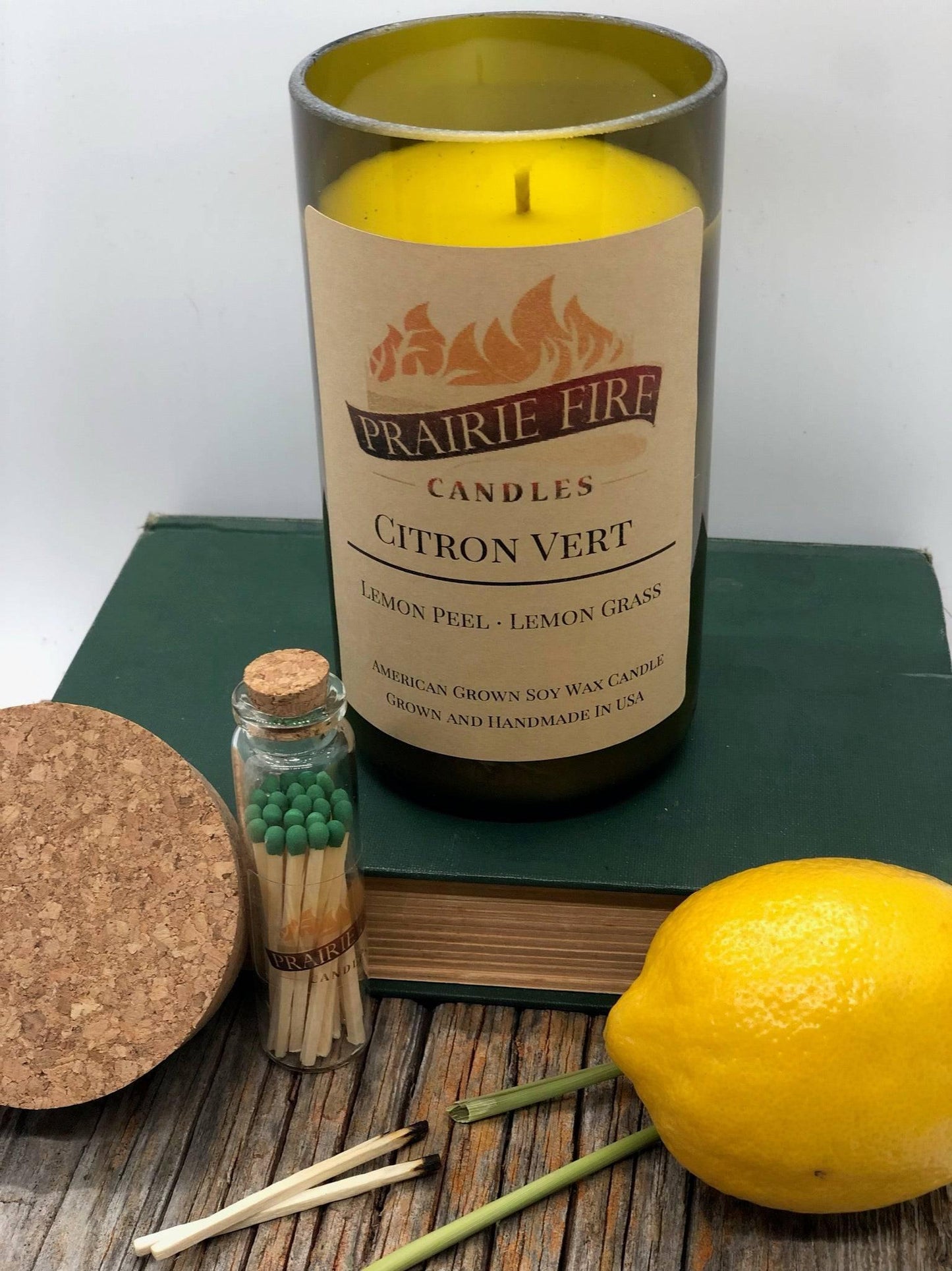 Citron Vert Soy Wax Candle | Repurposed Wine Bottle Candle Natural Cork | Handmade in USA Candle | Eco-Friendly Candle | Non-Toxic Soy Candle-1