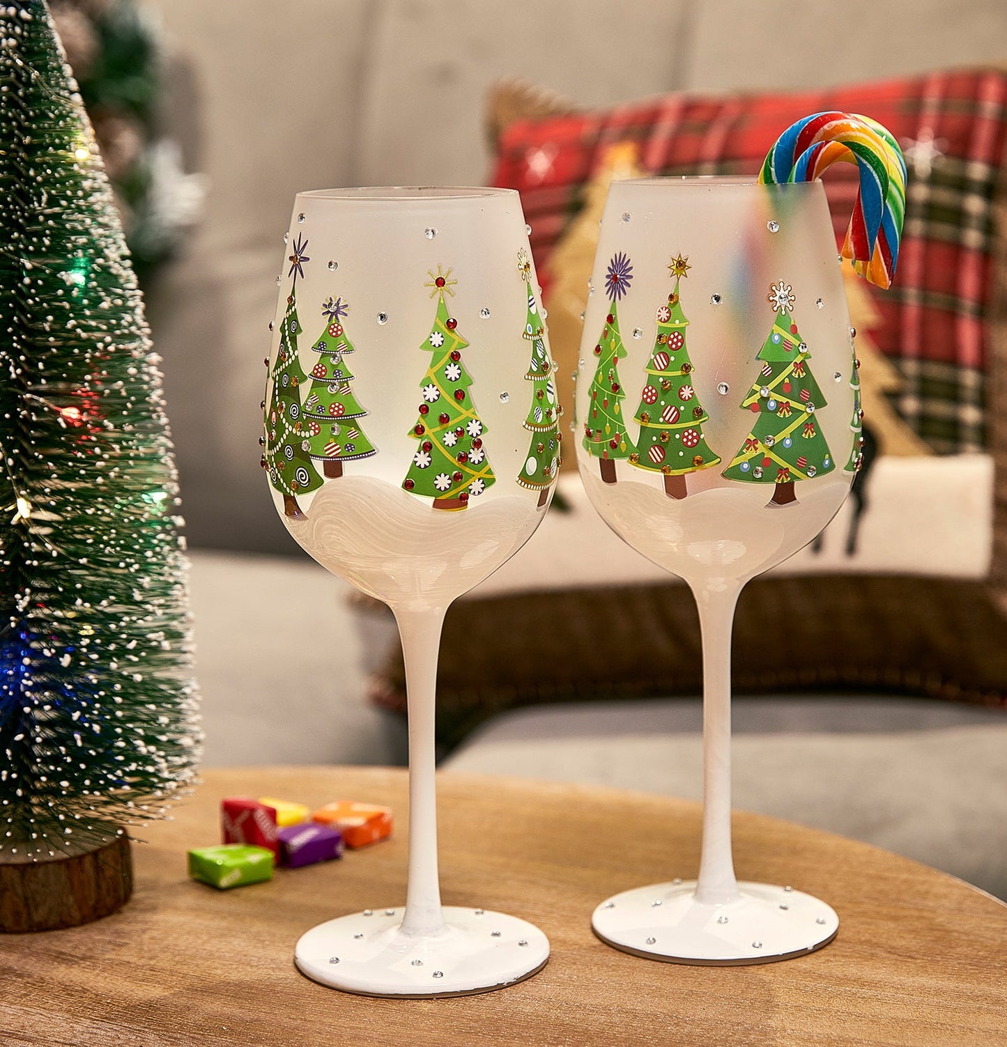 Set of 2 Stemmed Christmas Tree Design Wine Glasses - Hand Painted 14 oz Decorated Christmas Tree Glasses - Perfect for Wine, Champagne, Holiday Parties and Festivities - 8.75" High, 14 oz Capacity-0