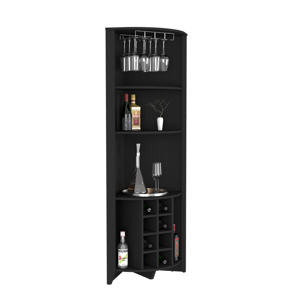 Corner Bar Cabinet  Castle, Three Shelves, Eight Wine Cubbies, Black Wengue Finish-6