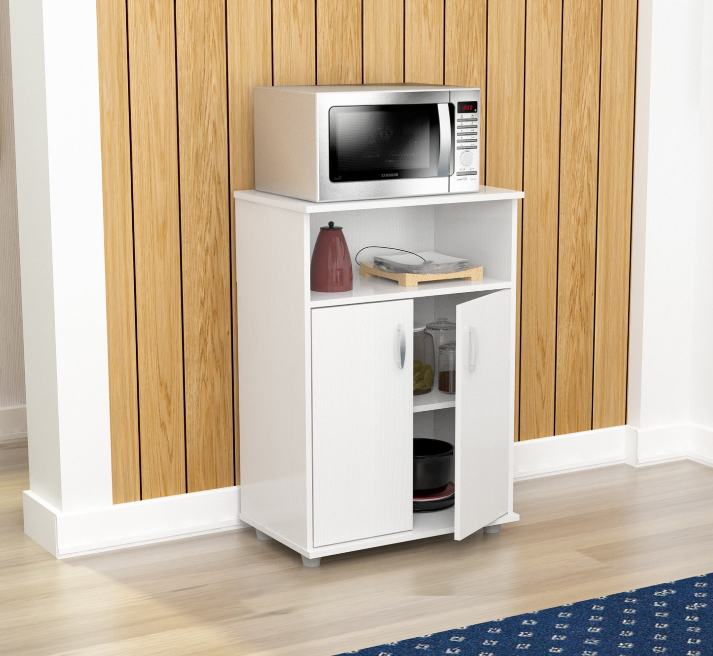 White Finish Wood Microwave Cart with Cabinet-0
