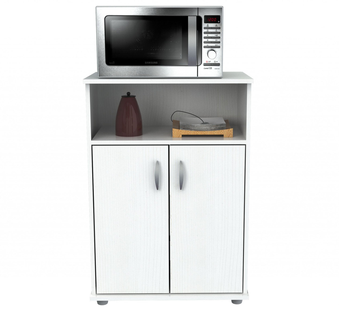 White Finish Wood Microwave Cart with Cabinet-2