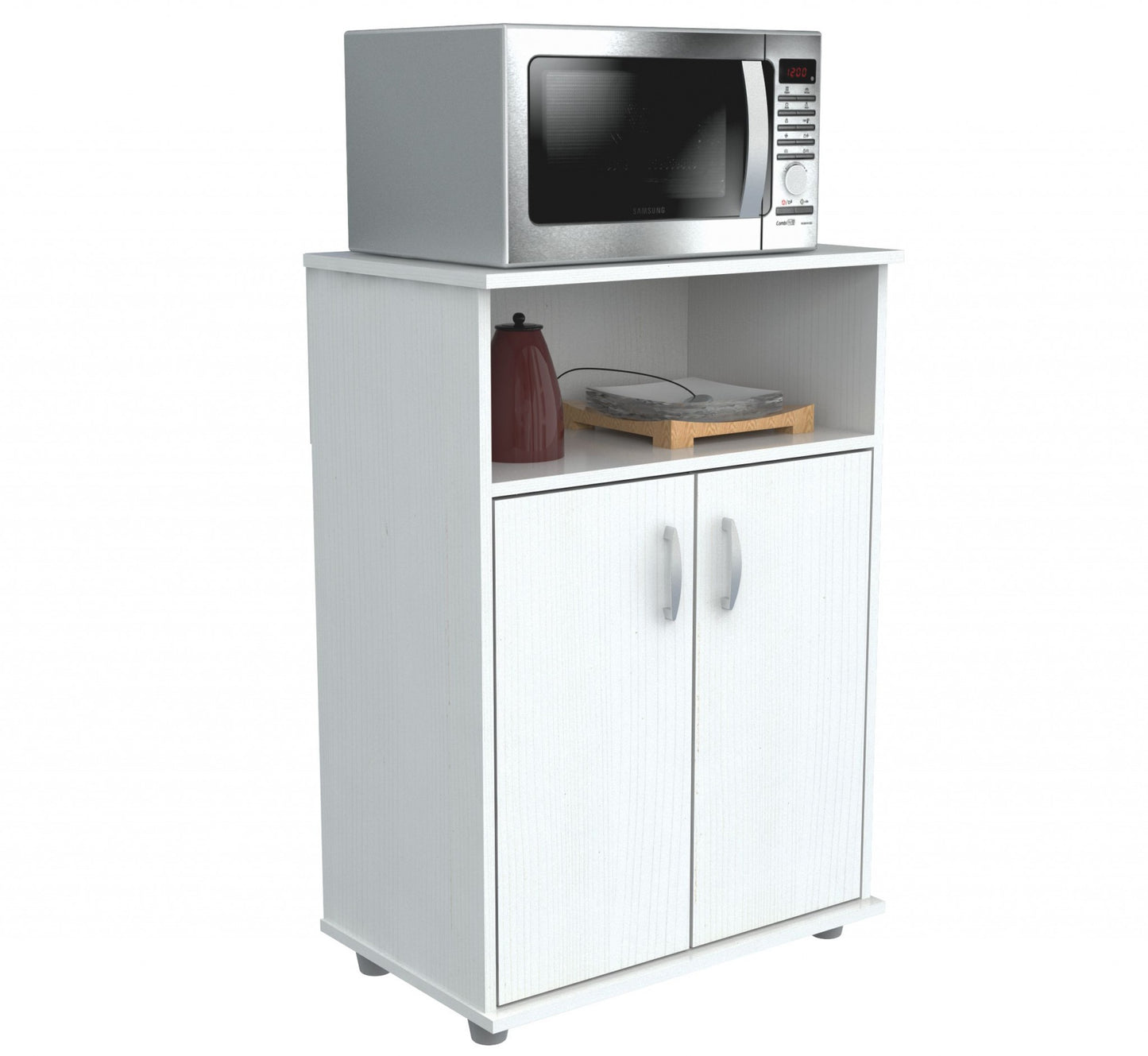 White Finish Wood Microwave Cart with Cabinet-4