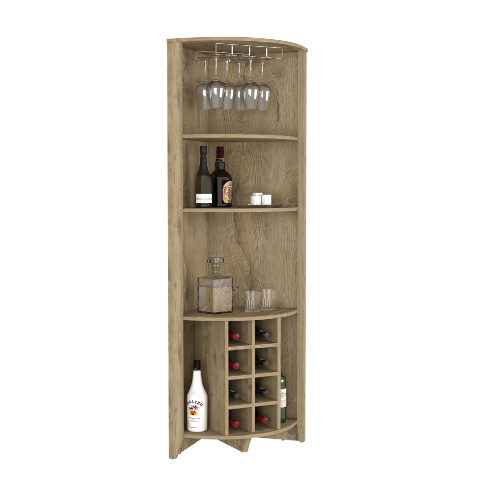 Corner Bar Cabinet  Castle, Three Shelves, Eight Wine Cubbies, Aged Oak Finish-5