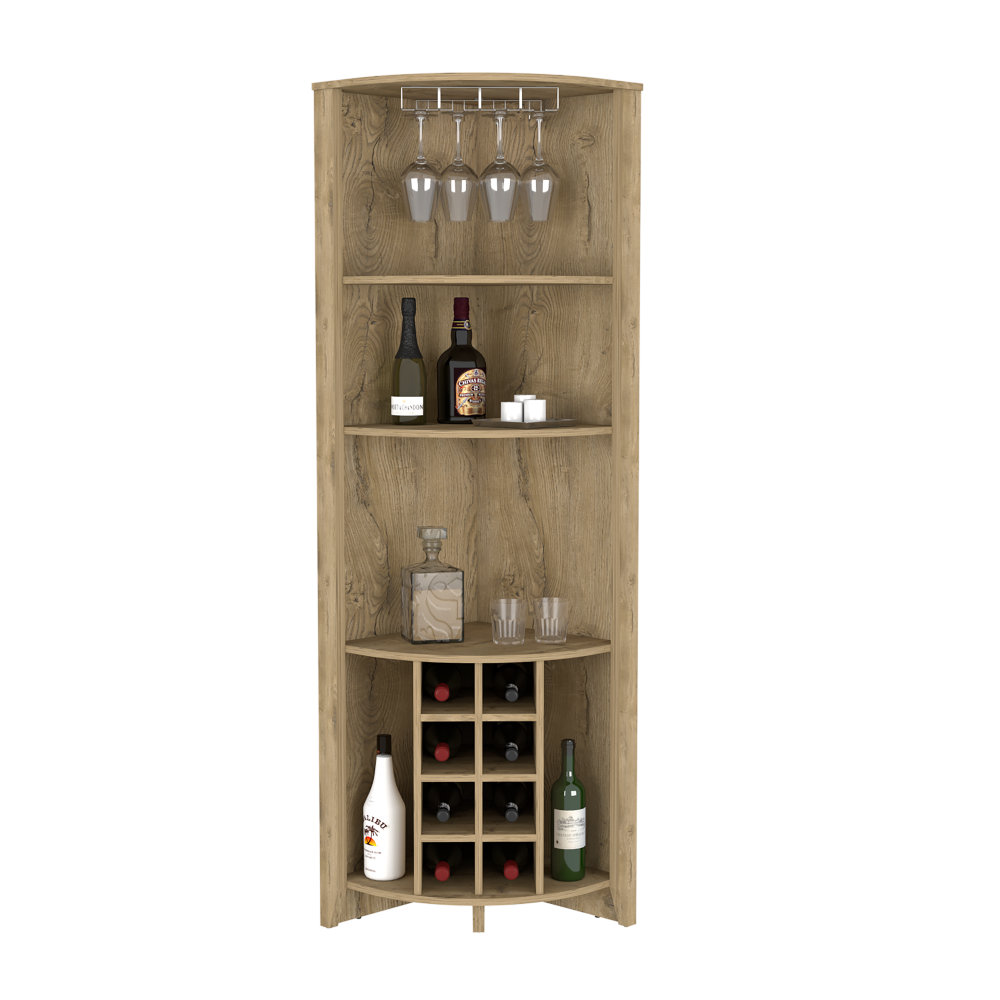 Corner Bar Cabinet  Castle, Three Shelves, Eight Wine Cubbies, Aged Oak Finish-4