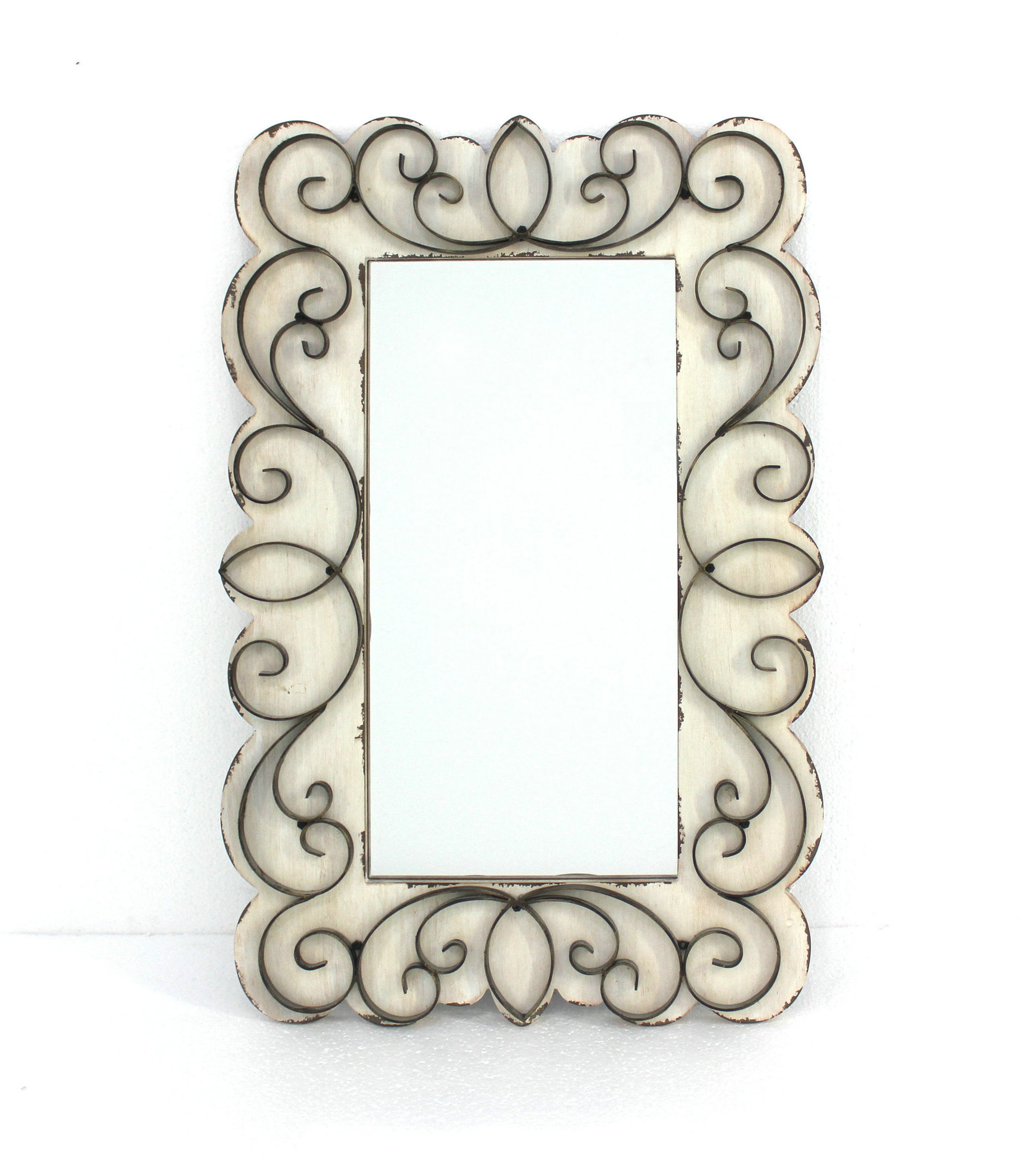 32.75 x 21.75 x 1.25 White Vintage Decorative Wood & Metal  Wall Mirror-0
