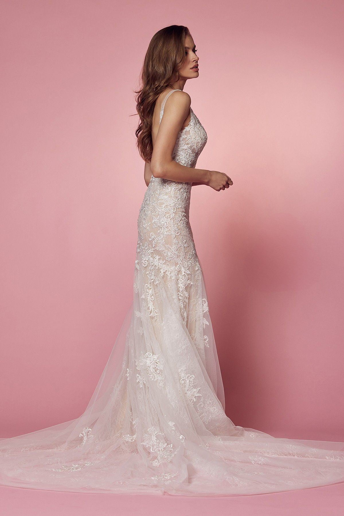 Plunging Neckline Laced Mermaid Long Wedding Dress NXH493-3