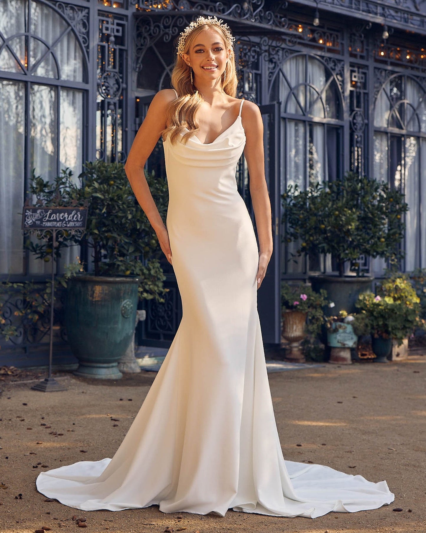 Satin Open Back Mermaid Cowl Neck Long Wedding Dress NXJE954-1