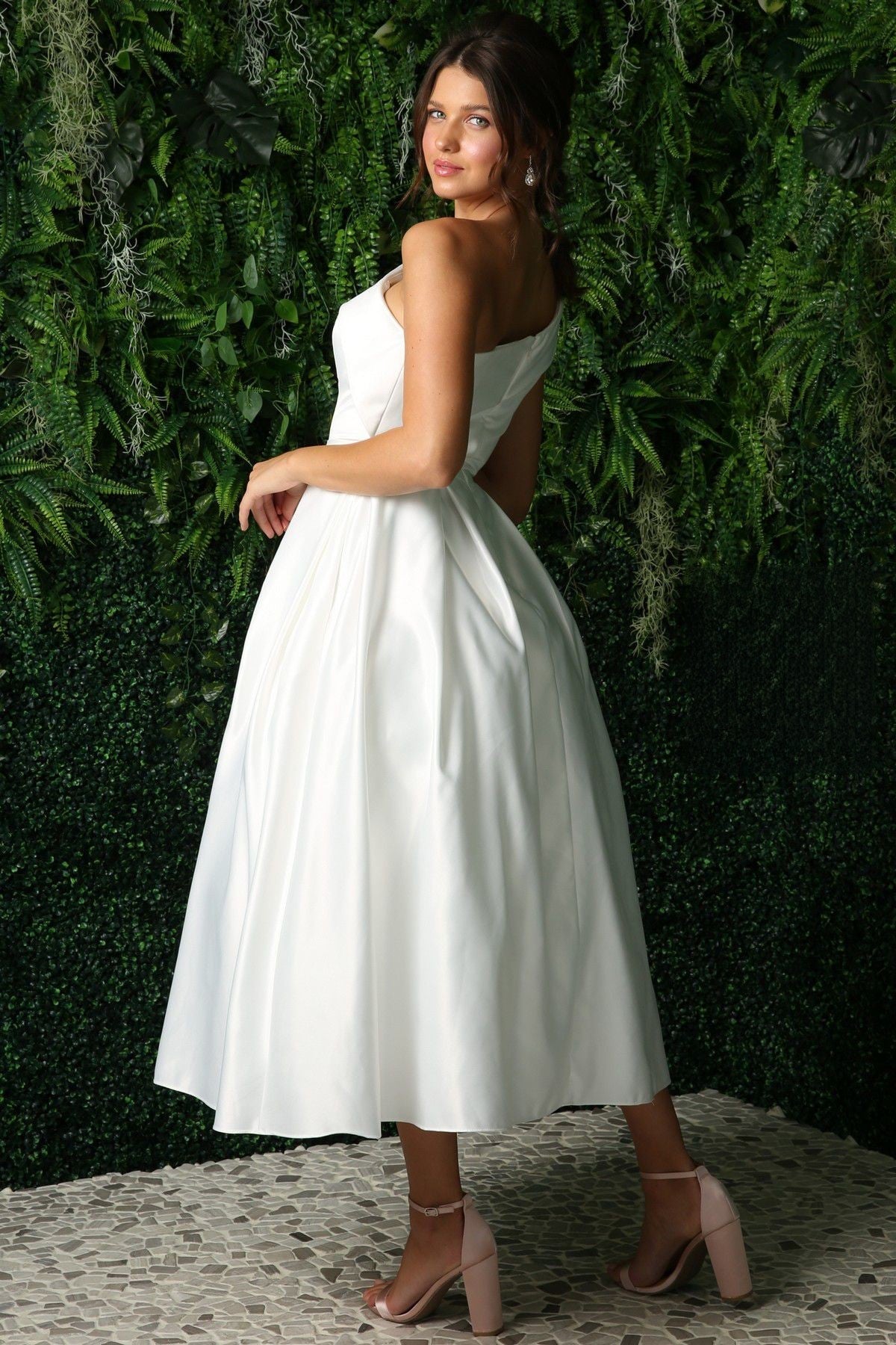 Open Back Strap Satin One Shoulder Midi Wedding Dress NXJE931W-1