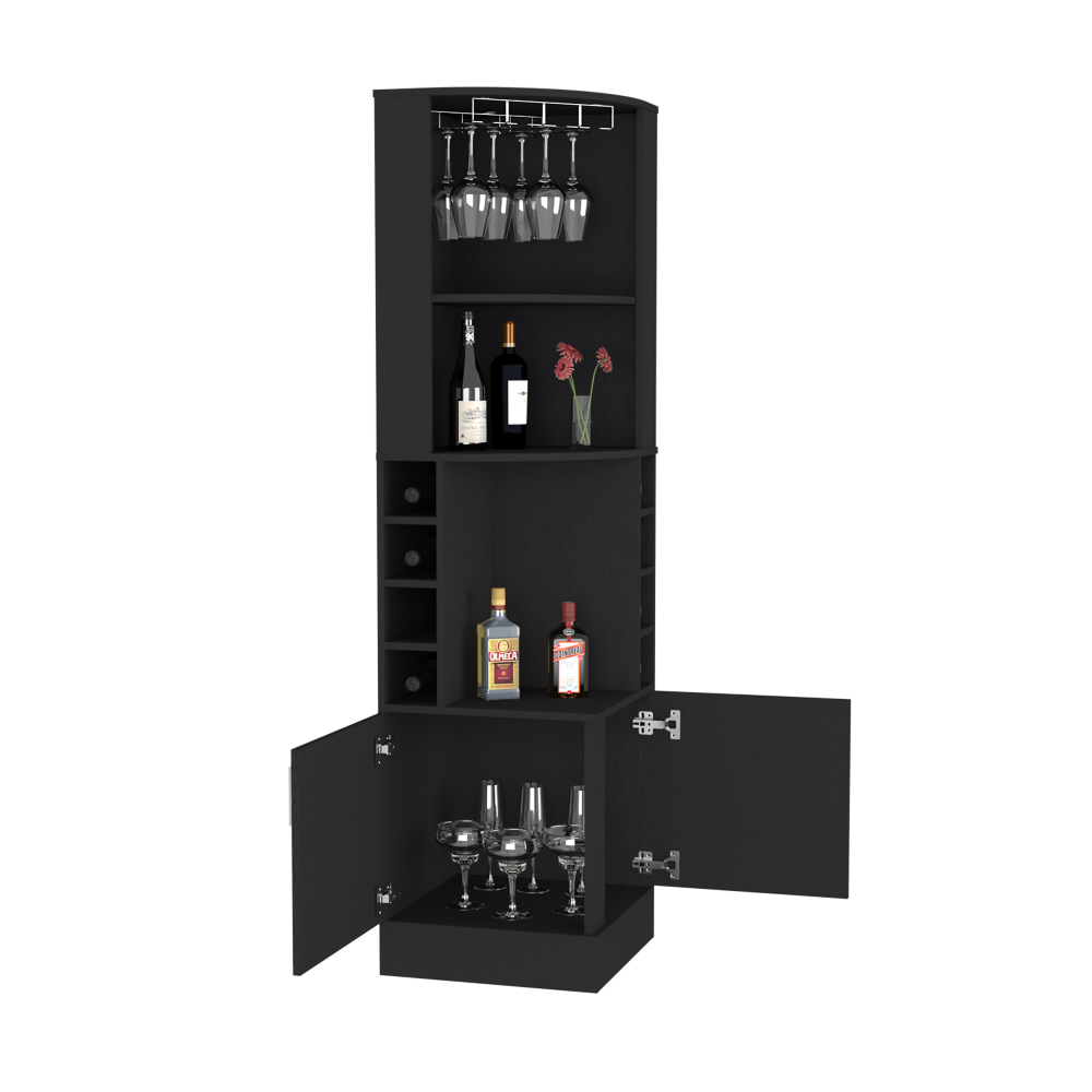 Corner Bar Cabinet Atanasio, 8 Wine Cubbies, Double Door, Black Wengue Finish-4