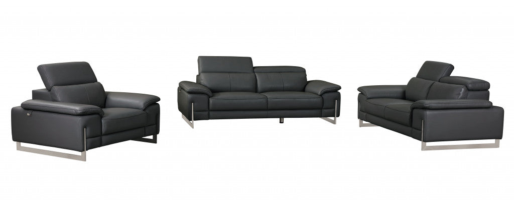 93" Tasteful Dark Grey Leather Sofa Set-0