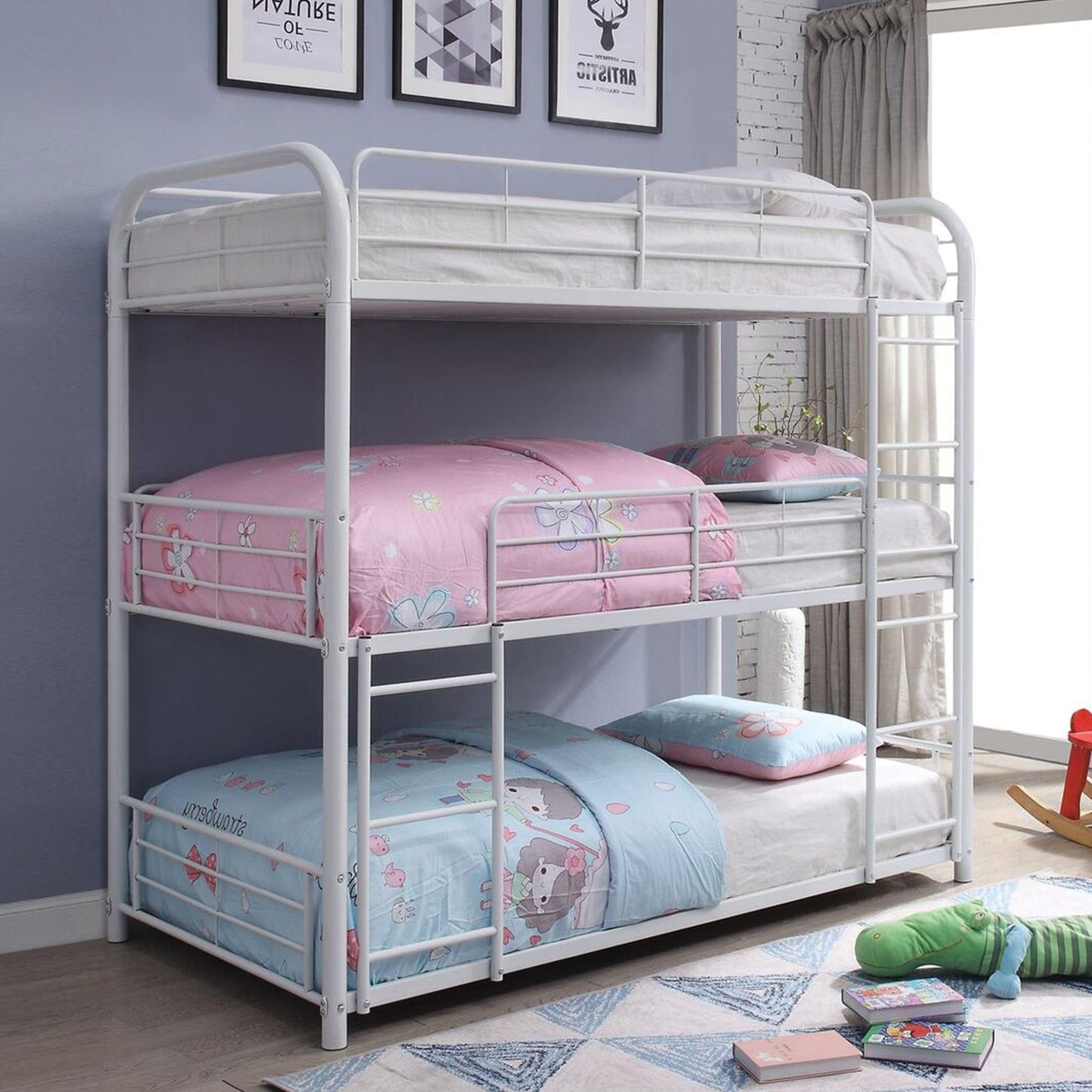 42" X 79" X 74" White Metal Triple Bunk Bed - Twin-3