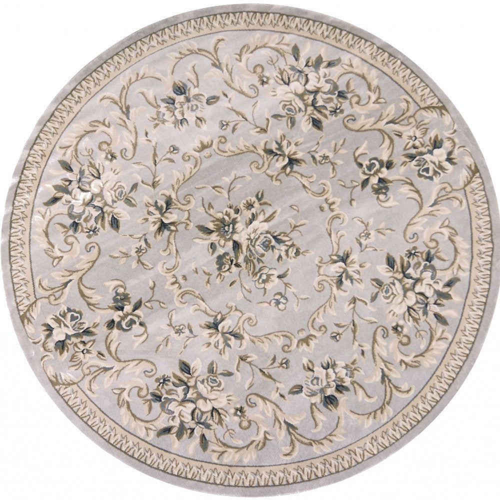 8' Light Grey Floral Round Indoor Area Rug-3