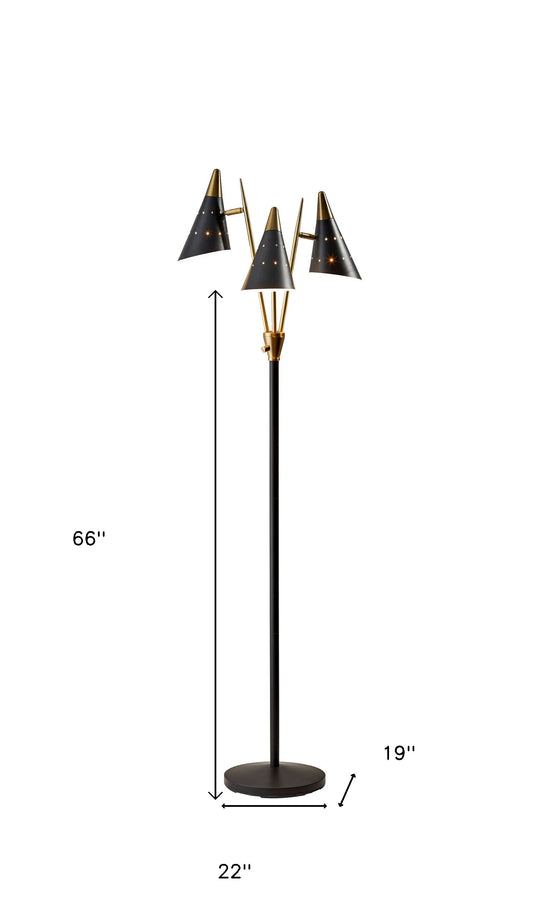 66" Black Three Light Novelty Floor Lamp With Black Cone Shade-0