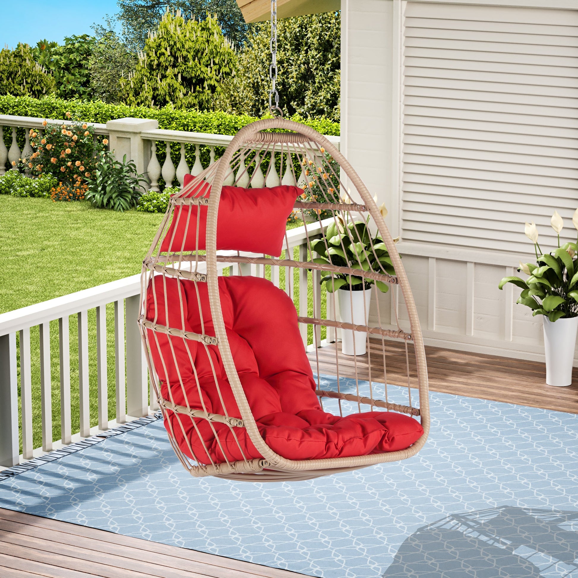 Outdoor Garden Rattan Egg Swing Chair Hanging Chair Wood+Red-1