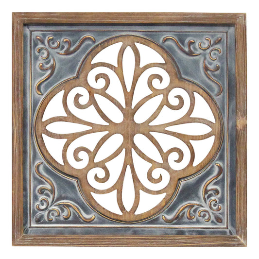 Distressed Blue Enamel Metal and Wood Framed Wall Art-0