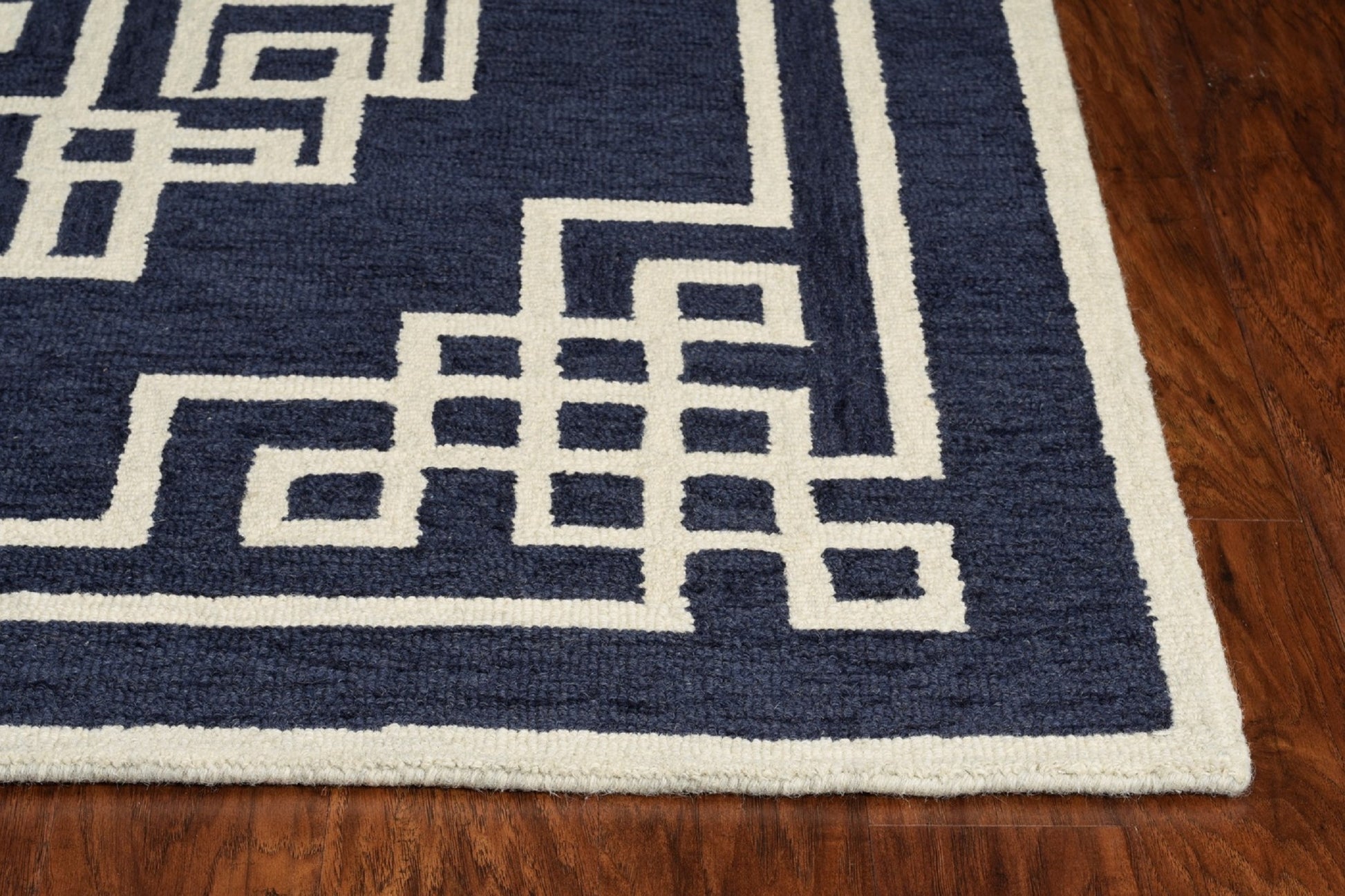 3'x5' Navy Blue Ivory Hand Tufted Greek Key Medallion Indoor Area Rug-1