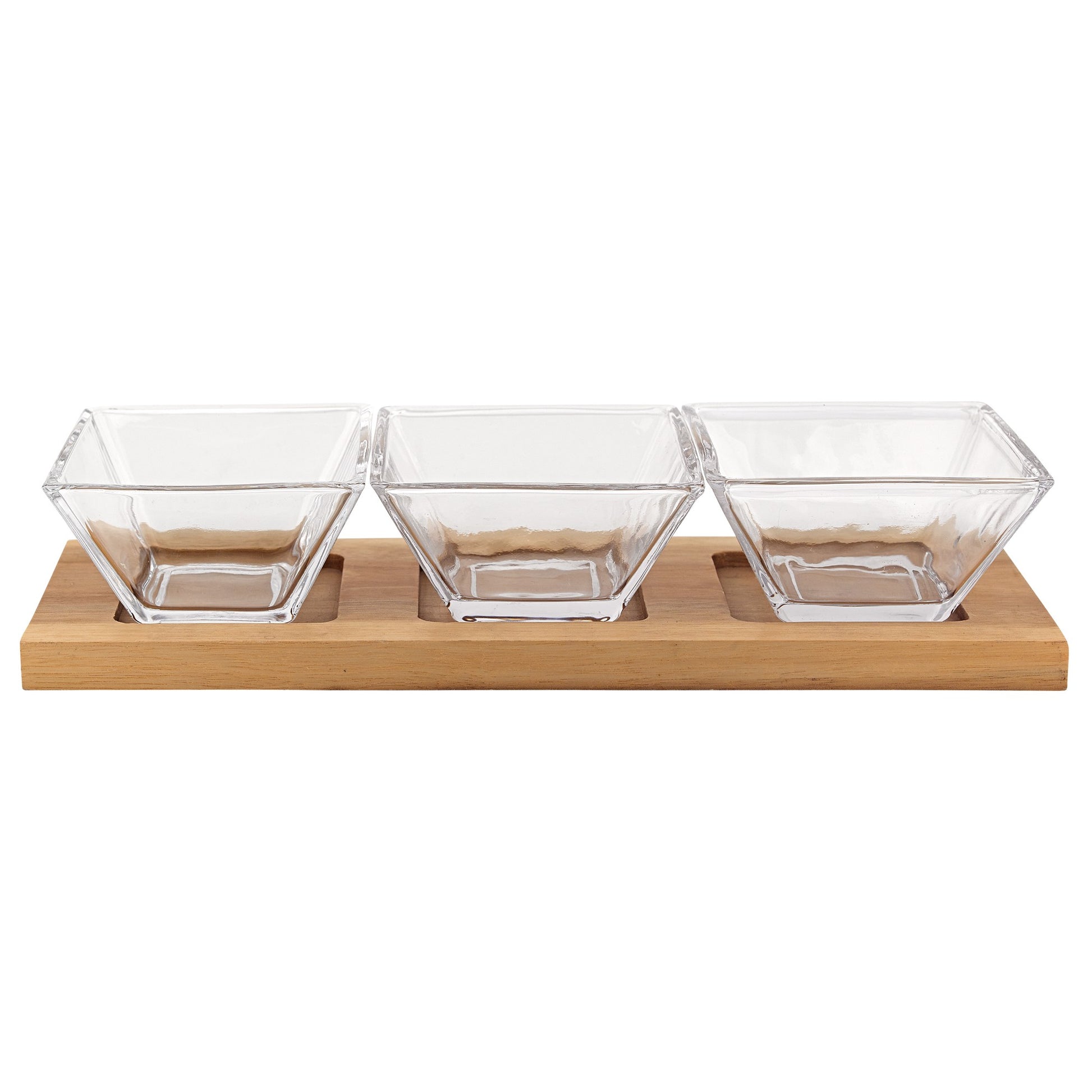 4 Mouth Blown Crystal Hostess Set   4 pc With 3 Glass Condiment or Dip Bowls on a Wood Tray-1