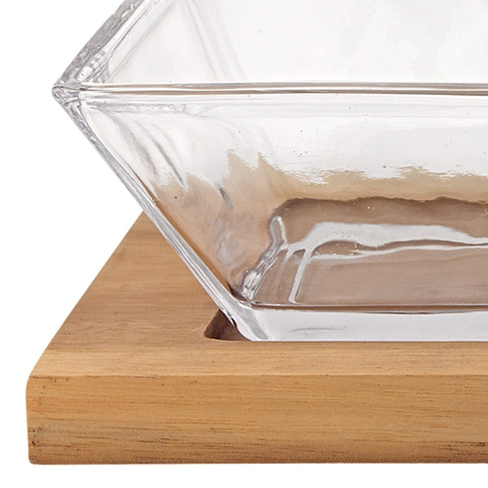 4 Mouth Blown Crystal Hostess Set   4 pc With 3 Glass Condiment or Dip Bowls on a Wood Tray-2