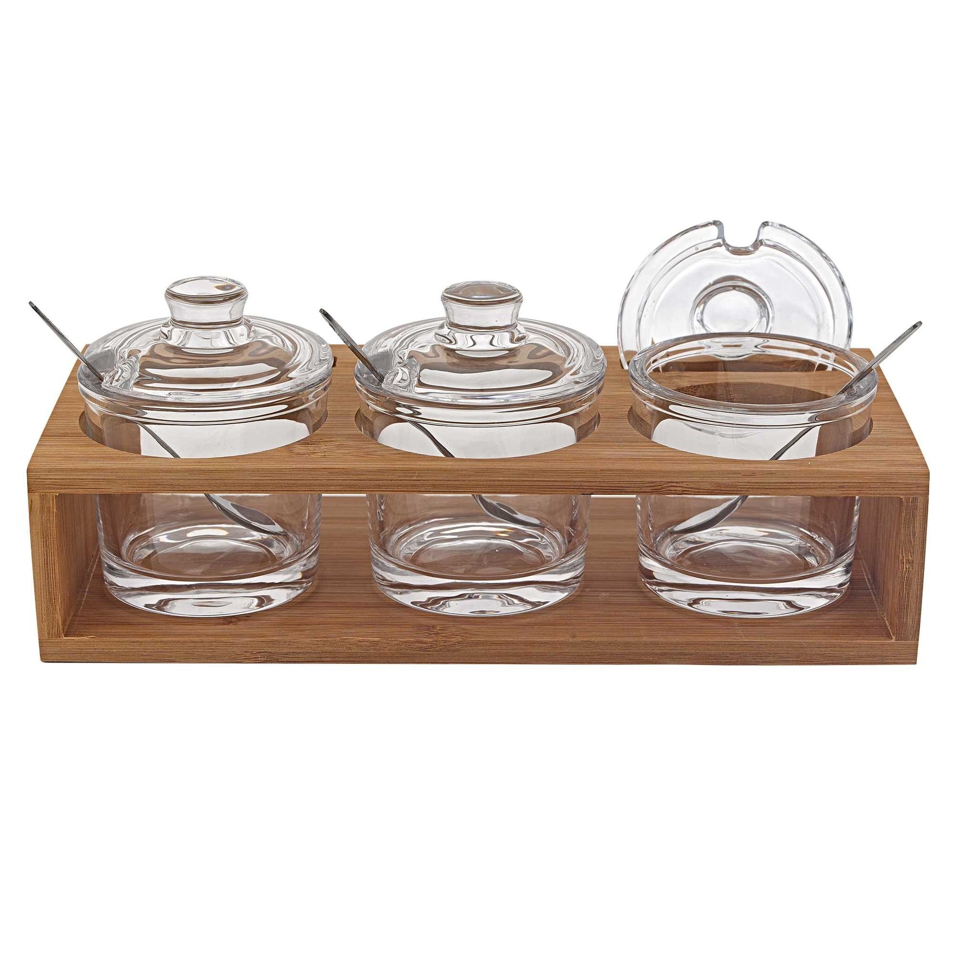 6 Mouth Blown Crystal Jam Set With 3 Glass Jars and Spoons on a Wood Stand-1