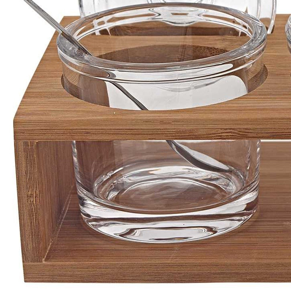 6 Mouth Blown Crystal Jam Set With 3 Glass Jars and Spoons on a Wood Stand-2