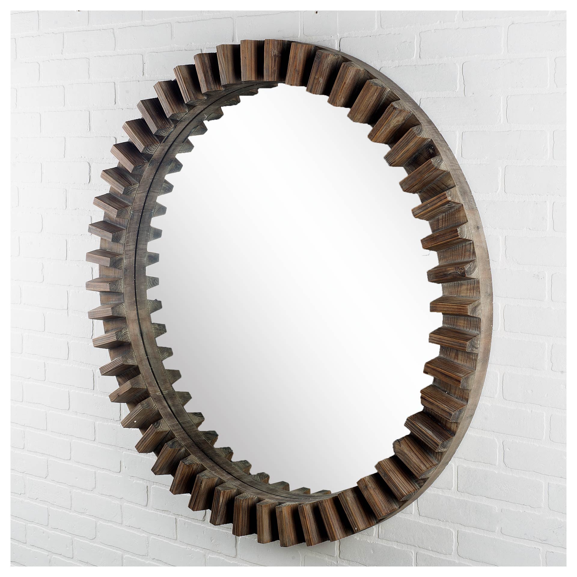 44" Round Brown Wood Frame Wall Mirror-2