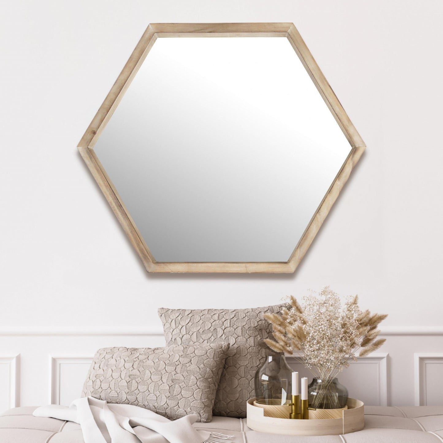 Modern Natural Wood Finish Hexagonal Wall Mirror-4
