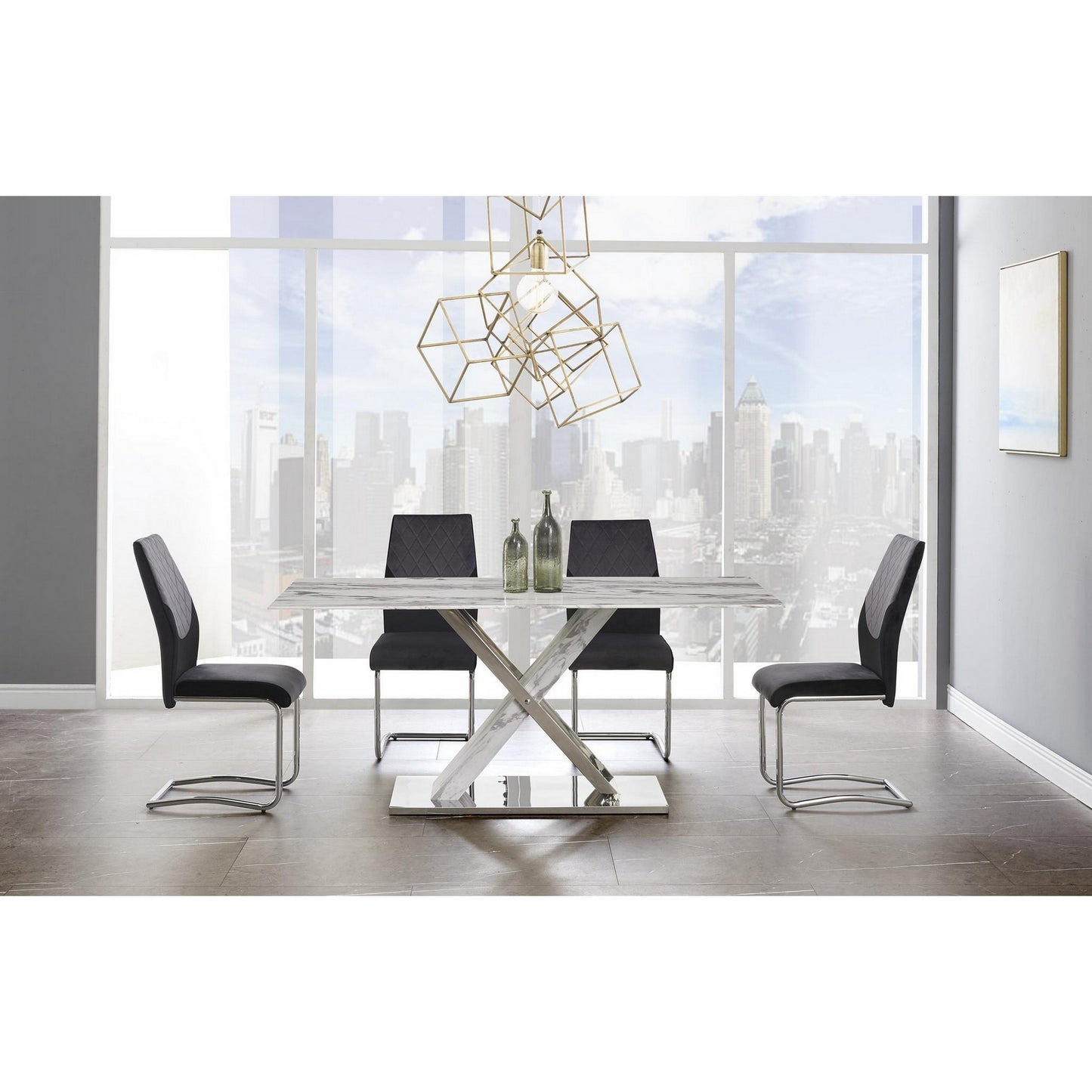 Elegant Marble Glass Top Dining Table with X Base Stainless Steel Accents-0