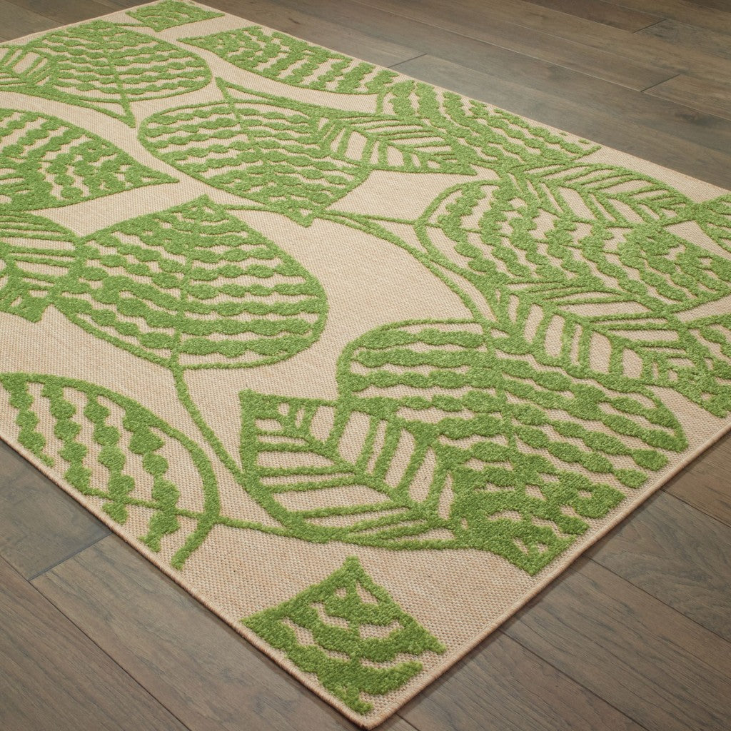 5' x 8' Sand and Lime Green Leaves Indoor Outdoor Area Rug-2