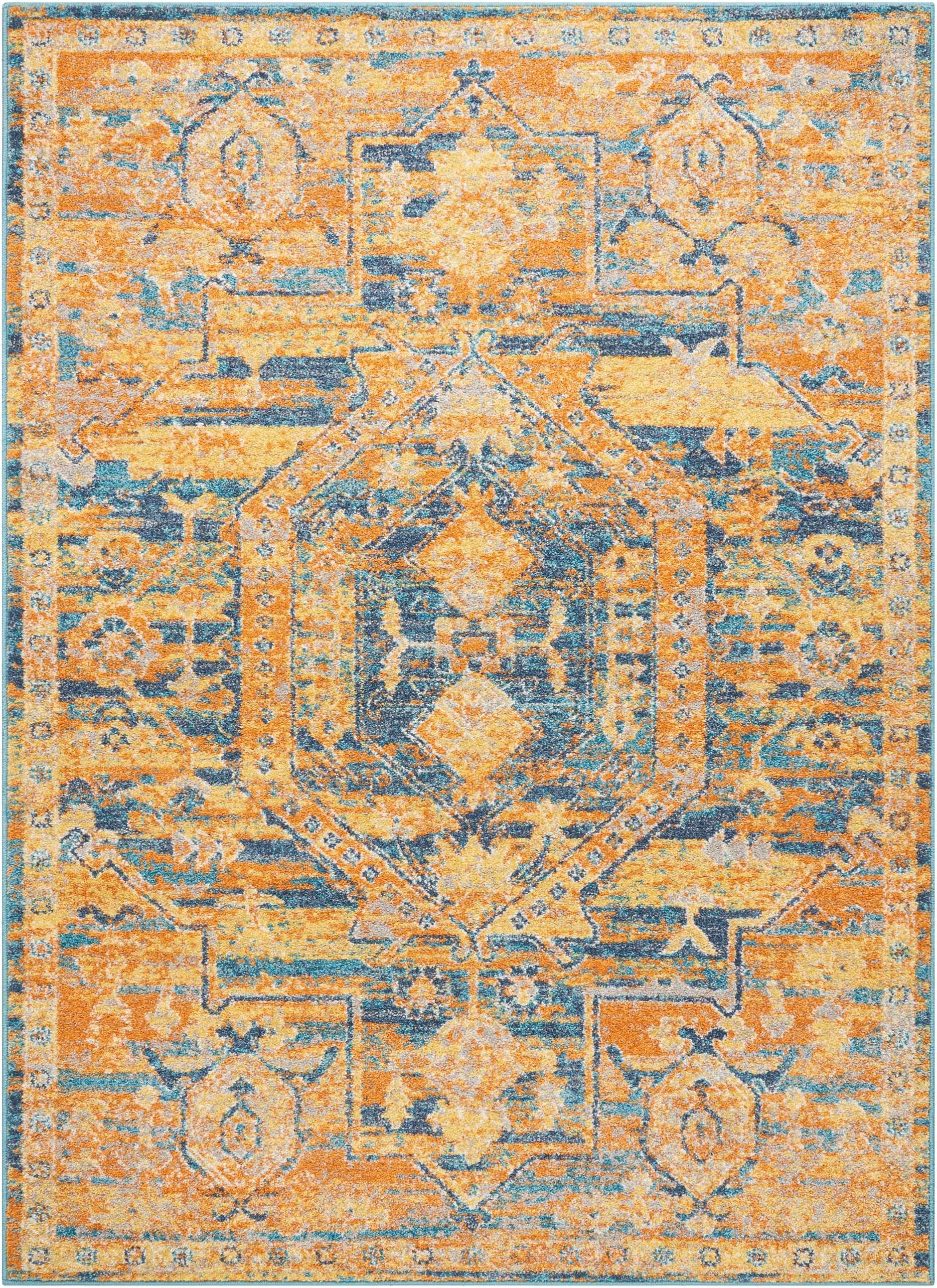 5’ x 7’ Gold and Blue Antique Area Rug-0