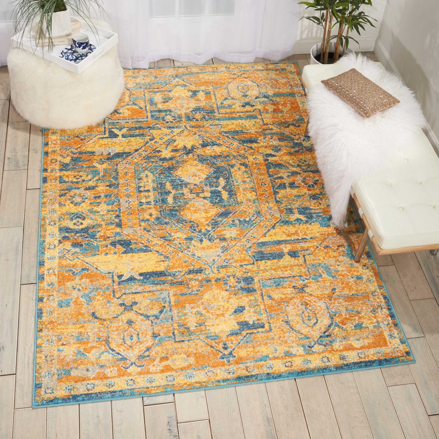 5’ x 7’ Gold and Blue Antique Area Rug-3