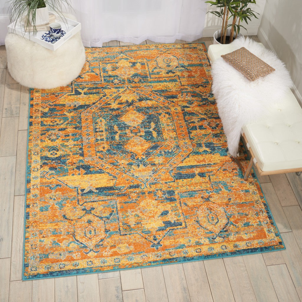 5’ x 7’ Gold and Blue Antique Area Rug-4