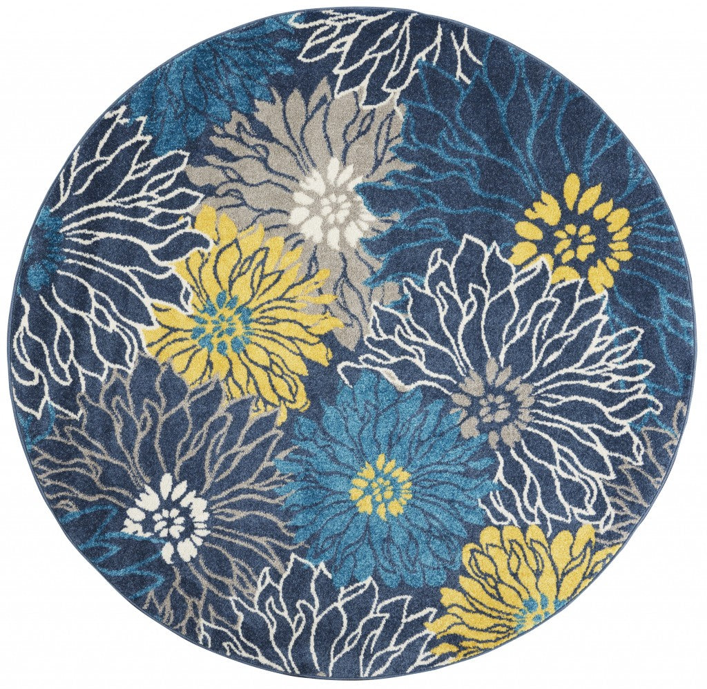 4’ Round Blue Tropical Flower Area Rug-0