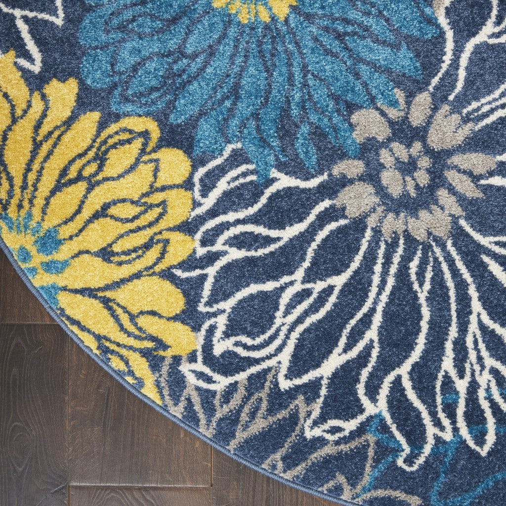 4’ Round Blue Tropical Flower Area Rug-1