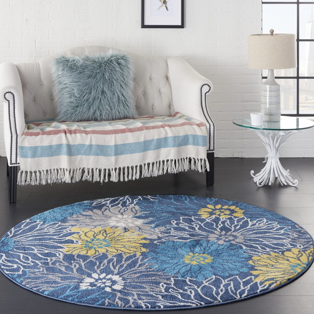 4’ Round Blue Tropical Flower Area Rug-3